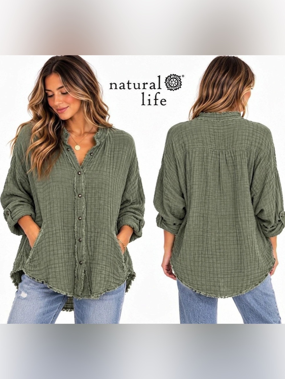 Natural Life Olive Green 100% Cotton Gauze Oversized Tunic Shirt Pockets Small